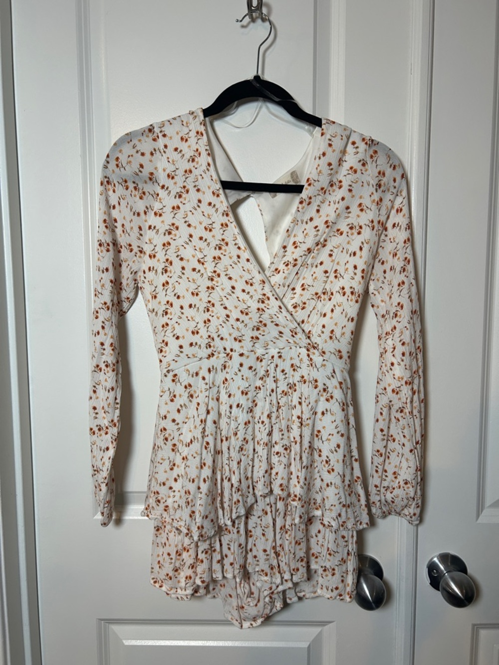 Altar'd State Cream Floral Wrap Tiered Long-Sleeve Mini Dress